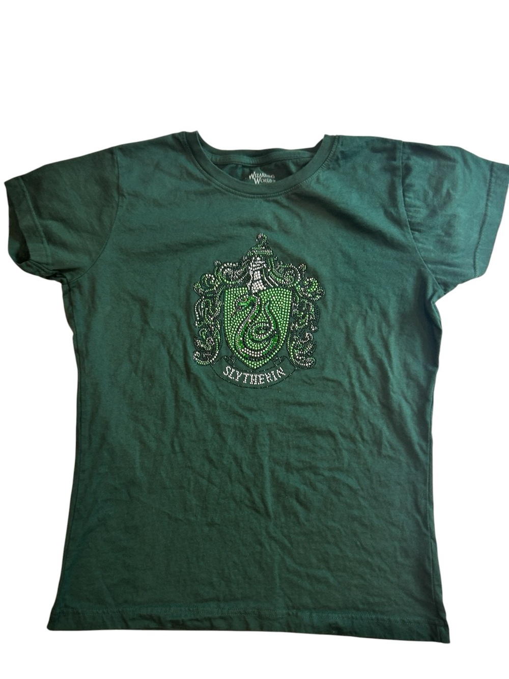 HARRY POTTER SLYTHERIN RHINESTONE CREST WIZARDING WORLD GREEN EMERALD WOMENS M